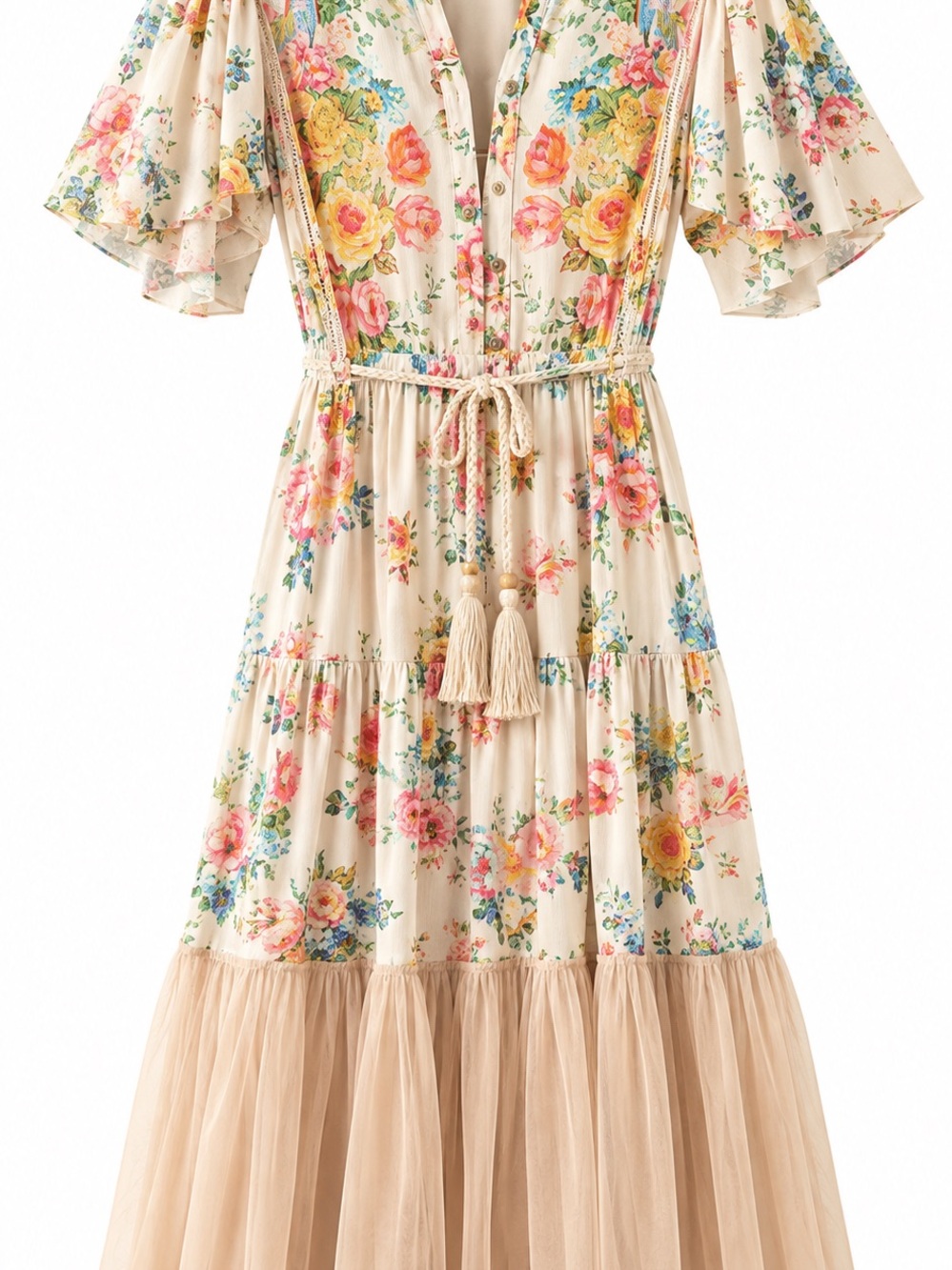 Floral Tiered Girls' Dress with Tassel Waist - Cream/Pink